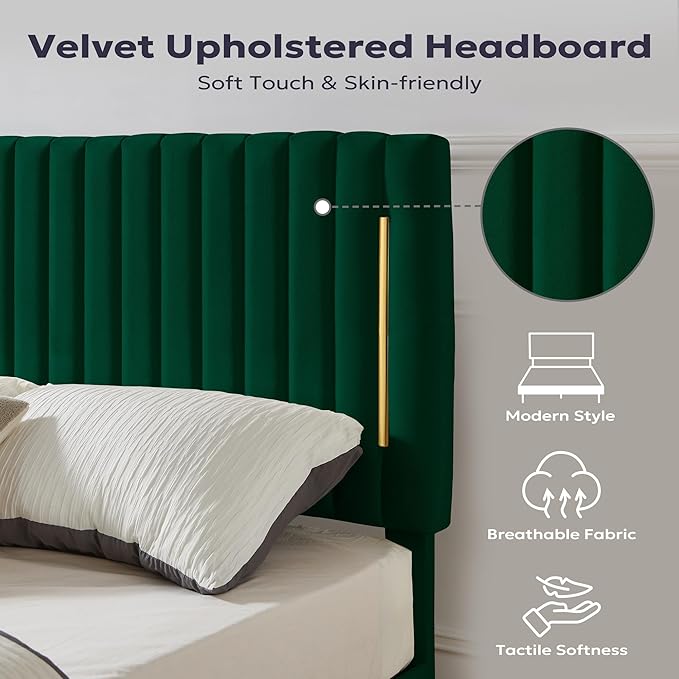 Twin Platform Bed Frame, Velvet Upholstered Bedframe with Vertical Channel Adjustable Headboard, Golden Plating Trim, Mattress Foundation with Wooden Slats, No Box Spring Needed, Green