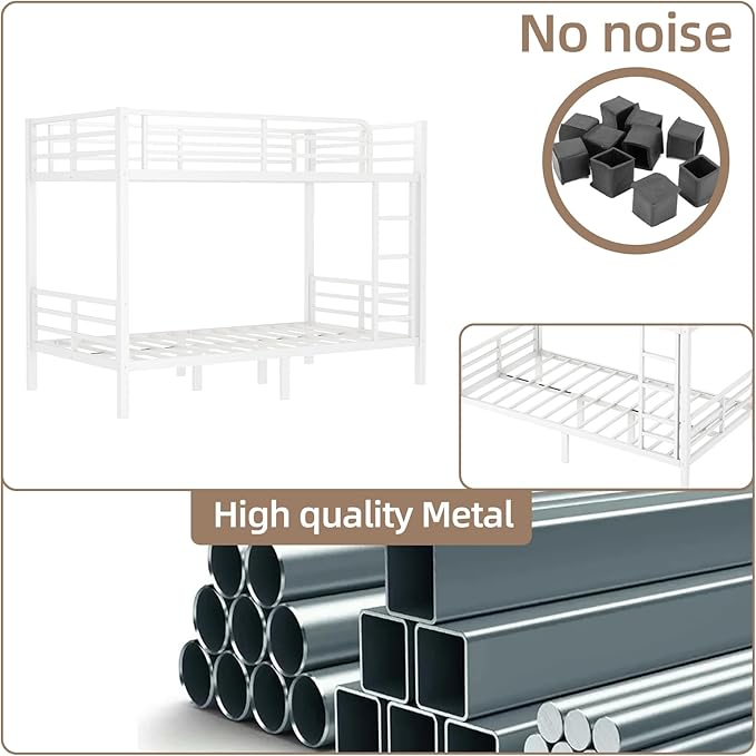 Twin XL Over Twin XL Bunk Bed Frame, Heavy Duty Metal Loft Bed for Adults/Teens, 350/500LB Capacity w/Ladder & Guardrail, Noise-Free Steel Slats, No Box Spring Required, White