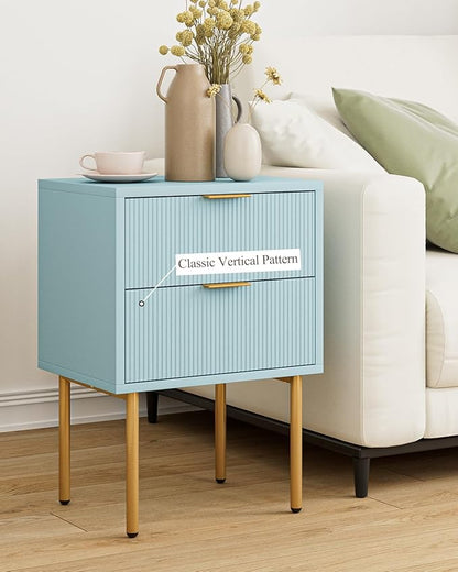 Masupu Night Stand,Mid-Century Modern Bedside Table with 2 Storage Drawer,Small Gold Frame Side End Table for Bedroom,Living Room, Blue