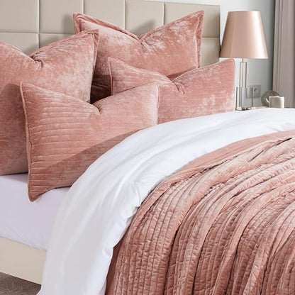 EVERGRACE Velvet Quilt Set King Size, Luxurious Soft Striped Channel Bedding Set, Lightweight Velvet Comforter for All Season, Oversized Bedspread Coverlet with 2 Matching Shams, Pink Clay