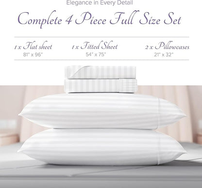 Carressa Linen Luxury Egyptian Cotton Full Stripe Sheet Set - 600 Thread Count Extra Long Staple 4 PC Set, Crisp White Full Damask Sheets, Soft, Cooling Sateen Weave Sheets Upto 18 in Deep Pocket