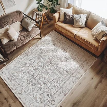 jinchan Lima Machine Washable Area Rugs 4x6 - Vintage Floral Stain Resistant Low Pile Ultra-Thin Non Slip Accent Rug for Bedroom Living Room Kitchen Dining Room Entryway (4x6ft, Taupe)