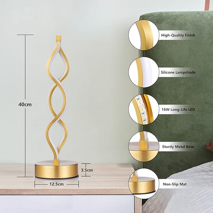 NUÜR Gold Infinity Spiral LED Table Lamp, Lamps for Bedrooms Dimmable Metallic Bedside Lamp with Touch Controller, 3 Colour Temperature, 15.8 Inch Height for Living Room