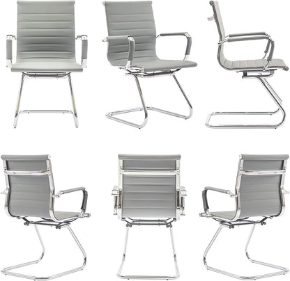 Wahson Office Guest Chairs Set of 2, Leather Reception Chairs, Mid Back Waiting Room Chair, Conference Chairs with Sled Base, Desk Chair No Wheels for Meeting/Lobby/Restroom, Grey
