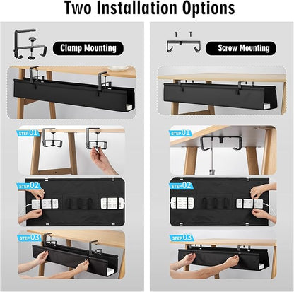 Desk Cable Management Tray, Fabric Cable Organizer, No Drill Large Clamp/Screw Mount Wire Organizer-Support Up to 30lbs, Standing Desk Cable Management for Office Home (Black,36 Inch)