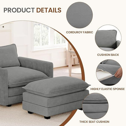 ROWHY Single Armchair with Ottoman, Modern Corduroy Cloud Couch with Convertible Chaise, Upholstered Sofa Set for Living Room and Office, Dark Grey
