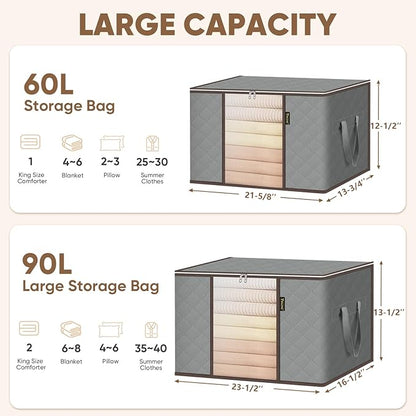 BALEINE 8 Pack Clothes Storage Bags, 16 Gallon Storage Containers with Reinforced Handle, Sturdy Zipper, Closet Organizer for Blanket, Comforter, Pillow, Bedding (Grey, 8 Pack)