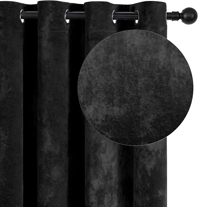 SMILETIME Black Crushed Velvet Curtains 52x108 inch Luxurious Thermal Insulated Soundproof Drapes for Living Room Bedroom Office Soft and Durable Light-Filtering Window Treatments, 2 Panels