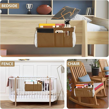 KOPIRIT Brown Bedside Caddy Storage Bag Bedside Organizer for Bunk Bed Headboards College Organizer Caddy Hanging Shelf 6 Pockets with Hooks for Drinks Magazine Phone Holder