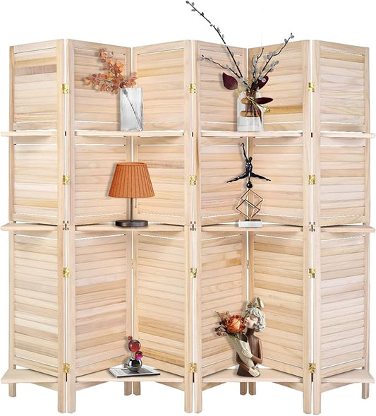 Bonnlo 6 Panels Wood Room Divider with Shelves, 6 FT Height Folding Privacy Screens, Indoor Freestanding Room Partition Wall Divider, Hinged Space Separator (Natural, 6 Panel)
