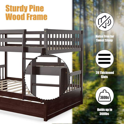 KOMFOTT Wood Full Over Full Bunk Bed with Trundle, Full Bed Frame with Ladder, Solid Wood Frame & Safety Guardrails, Space-Saving Bunk Bed for Teens & Adults, No Box Spring Needed