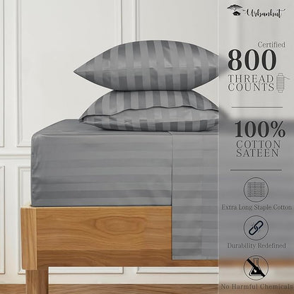 URBANHUT 800 Thread Count 100% Cotton Damask Full Size Sheets, 4 Piece Striped Full Size Bedsheets, Luxury Hotel Sheets Sateen Weave - Better Than Egyptian, 16" Elasticized Deep Pocket- Dark Grey
