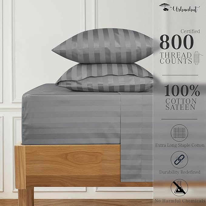 URBANHUT 800 Thread Count 100% Cotton Damask California King Size Sheets Set, 4 Piece Striped Cal King Size Bedsheets, Luxury Hotel Sheets Sateen Weave, 16" Elasticized Deep Pocket- Dark Grey