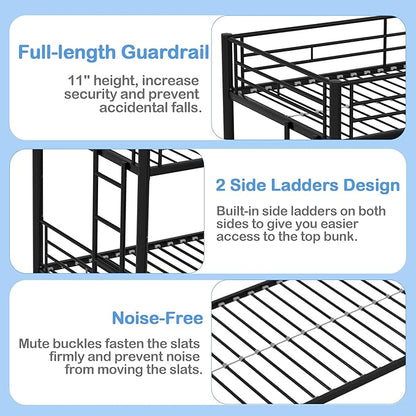 VECELO Bunk Bed Twin Over Twin with Trundle, Metal Bunkbeds with Ladder and Full-Length Guardrail, No Box Spring Needed, Space Saving, Noise Free, Black
