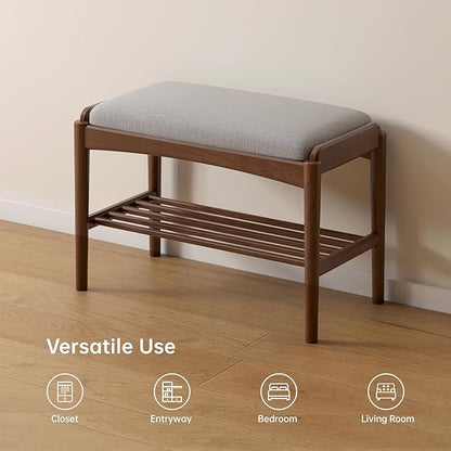Solid Wood Shoe Bench, Shoe Rack Bench Assembled with Gray Cushion for Entryway, Hallway, Bedroom, Living Room, 11.8" x 23.6" x 16.5", Beech Wood, Walnut