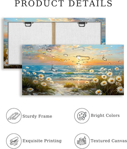 SERIMINO Large Canvas Wall Art Prints, Ocean Sunset Landscape Canvas Prints Paintings, Coastal Daisy Paintings Decor, Seaside Wildflowers Wall Decor for Bedroom Living Room Dining Room 29"X57"