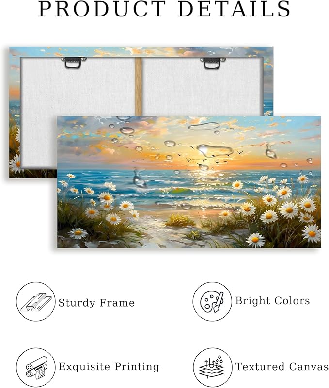 SERIMINO Large Canvas Wall Art Prints, Ocean Sunset Landscape Canvas Prints Paintings, Coastal Daisy Paintings Decor, Seaside Wildflowers Wall Decor for Bedroom Living Room Dining Room 20"X40"