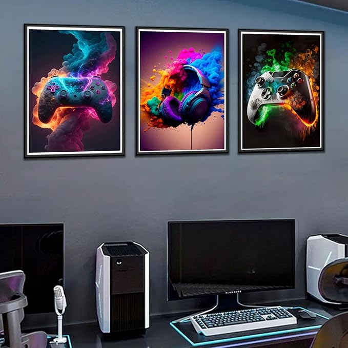 Gaming Room Decor - Wall Art Set of 3, Video Gaming Theme, Unframed 12x16in Canvas Posters for Teen Boys Room