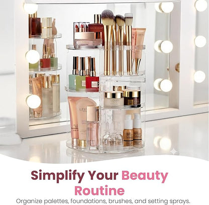 Masirs 360 Rotating Makeup Organizer Countertop - Adjustable Shelf Height - The Perfect Round Spinning Cosmetic Organizer for Bedroom Dresser or Vanity Countertop Storage (Clear)