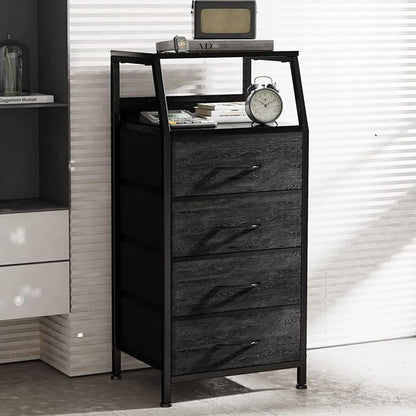 Dresser with 4 Drawers, Fabric Storage Tower for Bedroom, Black Clothes Storage Drawers, Vertical Closet Organizer for Kids Room, Entryway, Nightstand Bedside Table, Sturdy Steel Frame & Wooden Top