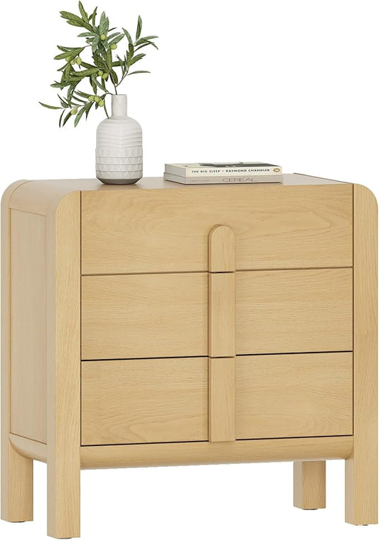 WAMPAT Modern 3 Drawer Nightstand, 31.5" Tall Nightstand End Table Bed Side Table w/Curved Profile Design, Wooden Bedroom Dresser with Large Chest of Drawers for Bedroom, Living Room, Oak
