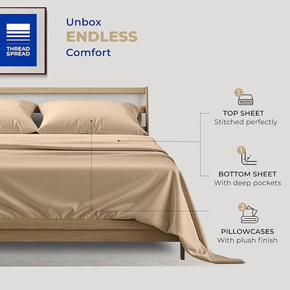 THREAD SPREAD 100% Cotton Queen Sheets Set - 400 Thread Count Queen Size Sheets (4 PC, Cocoa Taupe), 16" Deep Pocket All Around Elastic, Soft, Cooling, Durable & Breathable Sateen Weave Bed Sheet Set
