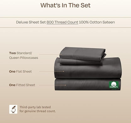 California Design Den Luxury 100% Cotton Sheets Queen Size - Buttery Soft 800 Thread Count Sateen, Deep Pocket Sheets, Durable Bedding Set - Grey