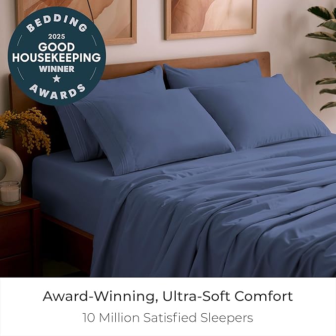 Mellanni King Sheet Set - 6-Piece Iconic Collection Bedding, (Including 4 Pillowcases), 21-Inch Extra Deep Pocket, Easy Care, Ultra Soft, Cooling Sheets, Brushed Microfiber - Blue Nova