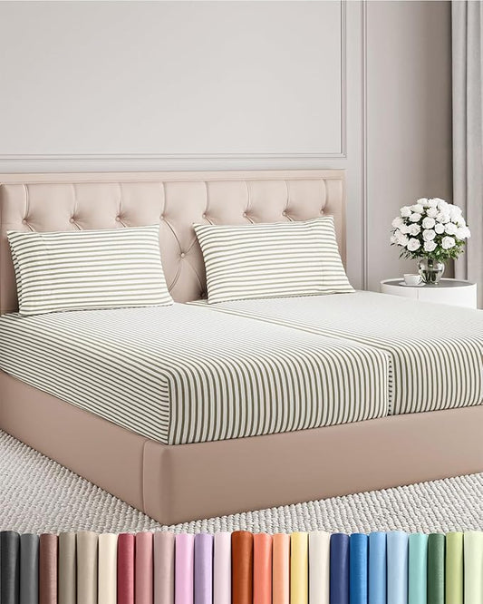 Split King Size 5 Piece Sheet Set - Comfy Breathable & Cooling Bed Sheets Set - Hotel Luxury Bedding for Women, Men, Kids, Teens, Boys & Girls - Deep Pockets, Soft and Wrinkle Free - Beige Stripes 2