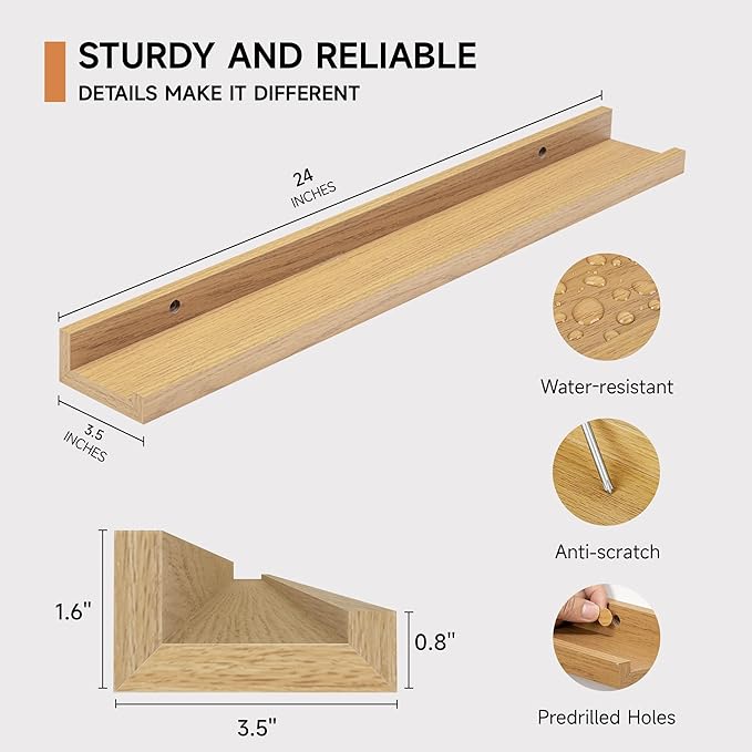 Fun Memories Picture Ledge Shelf for Wall, Floating Shelves Set of 4, 24 Inch Long Nursery Book Shelves for Toys Storage, Kids Bookshelf Wall Mounted for Books Photo Frames, Oak
