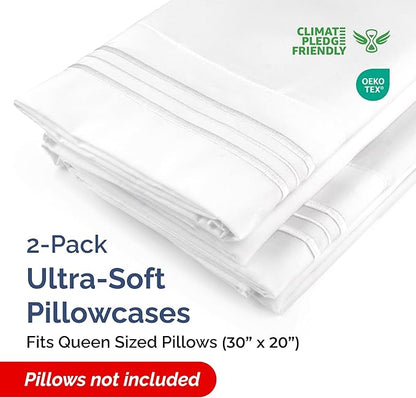 Queen Pillow Cases Set of 2 - Ultra Soft Hotel Quality Pillowcase Covers - Comfy, Cozy & Wrinkle Free - Shrinkage, Stain and Fade Resistant - Machine Washable Pillow Protectors - 2 Piece Set - White