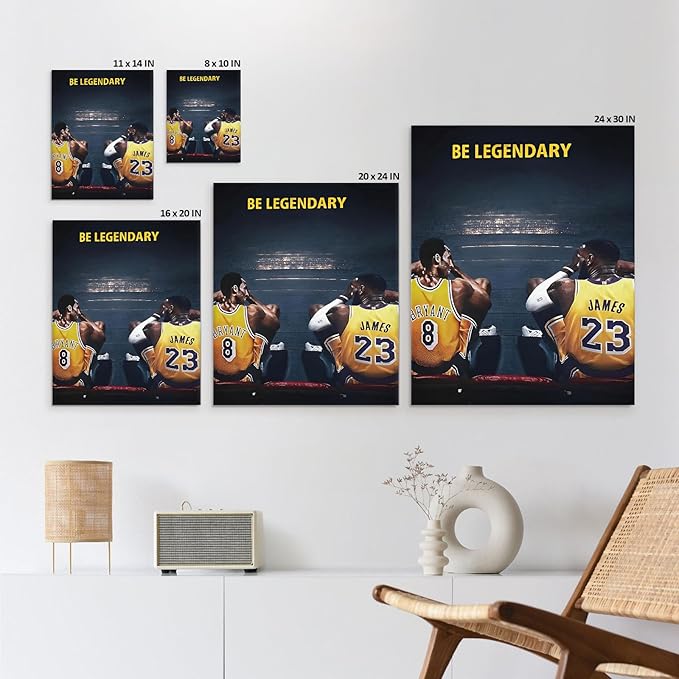 Kobe Bryant and LeBron James Canvas Wall Art Print Poster, Be Legendary Inspirational Sports Picture Artwork, Motivational Mamba Mentality Wall Decor for Home Office Gym Living Room, Framed 8x10inch