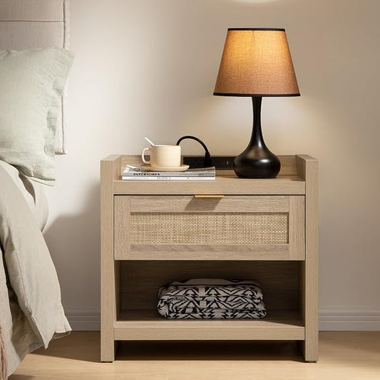 SICOTAS Rattan Nightstand End Table - Boho Night Stand Bedside Table with Type-C Charging Station, Wicker Decor Drawer Storage Cabinet Night Stand for Bedroom - Light Oak
