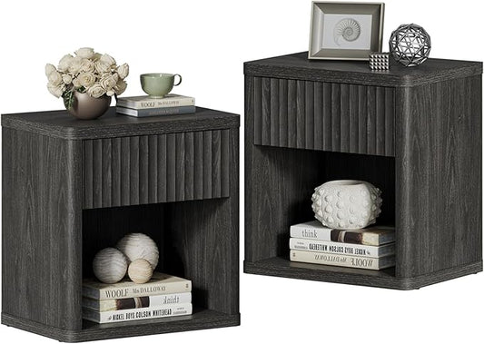 SICOTAS Night Stand Set of 2 Nightstands with Drawer Storage Fluted Bed Side Table End Table Large Modern Wide Bedside Mid Century Night Stands for Bedroom Living Room Sofa Office, Dark Grey Alder