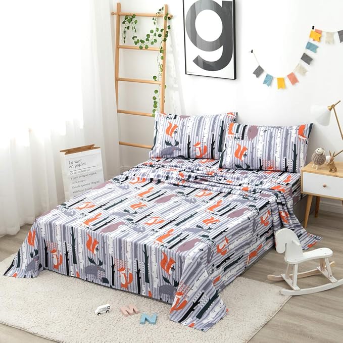 JSD Woodland Animals Kids Printed Sheets Set Full, 4 Piece Soft Fox Microfiber Bed Sheets Deep Pocket