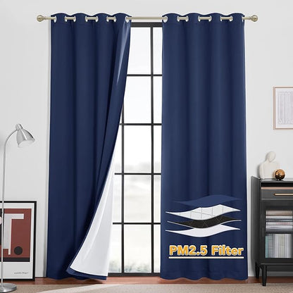 RYB HOME 100% Blackout Curtains, Noise Reducing 108 inch Curtains Dust Filter Draft Block Window Drapes Privacy Drapes for Living Room Playroom Nursery, W52 x L108 inch, Navy Blue, 2 Panels