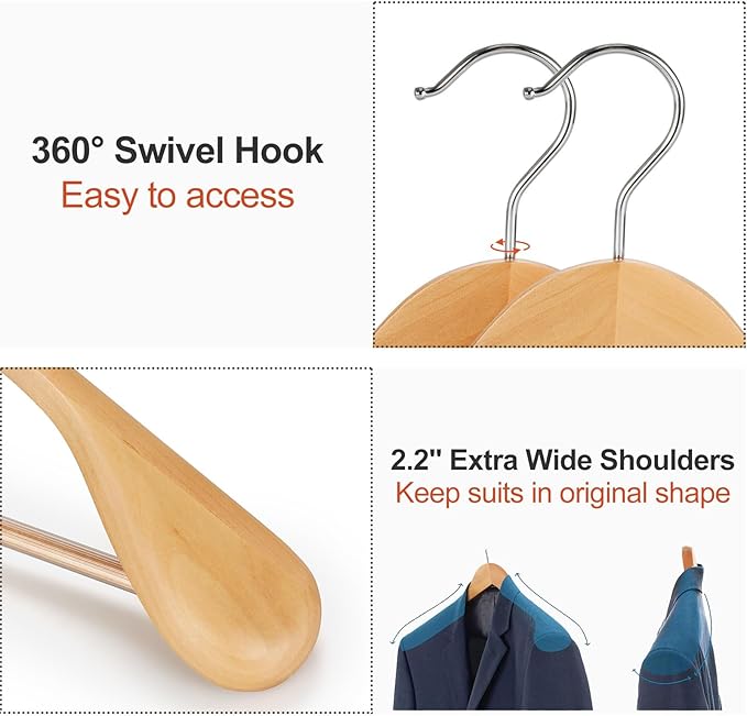 TOPIA HANGER Wide Shoulder Wooden Hangers, Suit Hangers with Non Slip Pants Bar & 360° Swivel Hook, Solid Wood Heavy Duty Coat Hanger, 6 Pack (Natural)-CT02NA