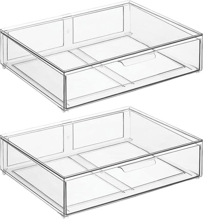 mDesign Wide Plastic Stackable Bathroom Storage Organizer Bin with Pull Out Drawer for Cabinet, Vanity, Shelf, Cupboard, Cabinet, Countertop, Closet Organization - Lumiere Collection - 2 Pack - Clear