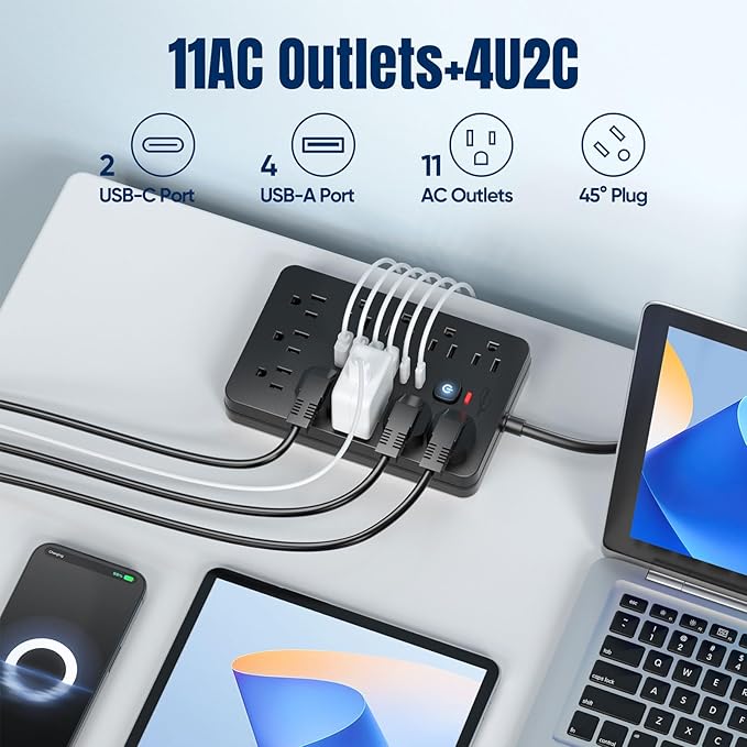 2PCS 6 FT Flat Plug Surge Protector Power Strip,11 Multiple AC Outlets with 6 USB Ports (2 USB C), 6 Feet Extension Cord, 1250W/10A, One Touch Switch Button, 17 in 1 Compact powerstrip