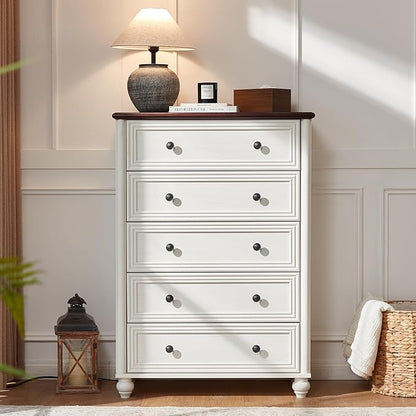 White Dresser for Bedroom, Farmhouse Tall Chest of Drawers Dresser Elegant Large Storage Dressers Organizer with Solid Wood Legs and Metal Handle Closet for Living Room, Hallway Entryway
