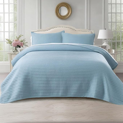 KASENTEX Twin Quilt Set 68"x86" – Soft Washed 3-Layer Lightweight Bedspread, Minimalist Nordic Design, All-Season Spring & Summer Quilt Set (1 Quilt + 2 Pillow Shams), Blue