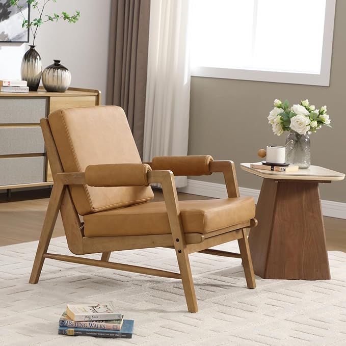 HEAH-YO Modern Accent Chair Set of 2, Upholstered PU Leather Living Room Chair with Wooden Frame, Comfy Armchair with Thick Cushion for Bedroom Balcony, Brown
