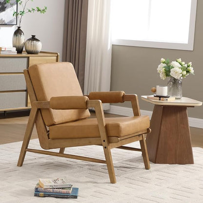 HEAH-YO Modern Accent Chair Set of 2, Upholstered PU Leather Living Room Chair with Wooden Frame, Comfy Armchair with Thick Cushion for Bedroom Balcony, Brown