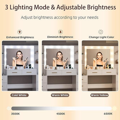 58.3”Vanity Desk with Mirror and Charging Station, Bedroom Dressing Table, Large Vanity Set, 8 Drawers and 2 Cabinets, Makeup Vanity Table with Charging Station, Without Lights