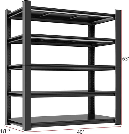 Metal Garage Shelving Unit, Heavy Duty 5-Tier Adjustable Storage Rack, Steel Shelving, 3020 lbs Capacity, Industrial Shelves for Heavy Tools and Equipment, Ideal for Garage, Basement, Black, 63"