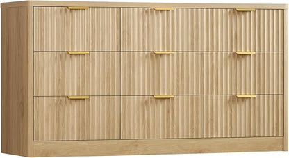 TEENFON Fluted Dresser for Bedroom with 9 Drawers, 63" Wide Modern Chest of Drawers with Metal Handle & Curved Profile Design, Wood Closet Clothes Storage Organizer for Living Room, Hallway, Natural