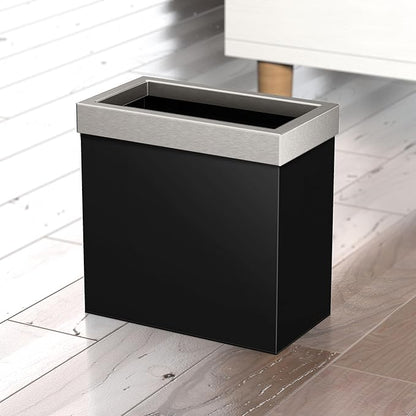 Gatco 1918SN Modern Rectangle Waste Basket, Matte Black and Satin Nickel Combo - Stainless Steel Trash Can with Removable Lid, Leakproof, 3 Gallon Capacity for Bathroom, Bedroom, Kitchen, or Office