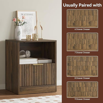8 Drawer Dresser & Nightstand Set 3-Piece, 55” Wide Bedroom Dresser Set Night Stand Set of 2 with Metal Handle, Fluted Modern Wood Chest of Drawers Storage Dressers Set for Bedroom, Walnut