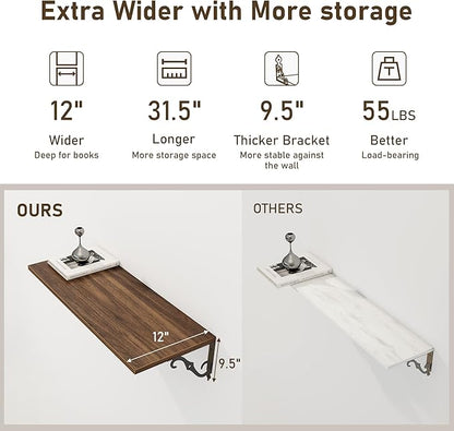 Dreamland Deep Floating Shelves, 31" W x 12" D Wall Shelves Set of 2, Wide Display Shelf Wall Mounted with Brackets, Bookshelf for Living Room, Bathroom, Bedroom, Walnut