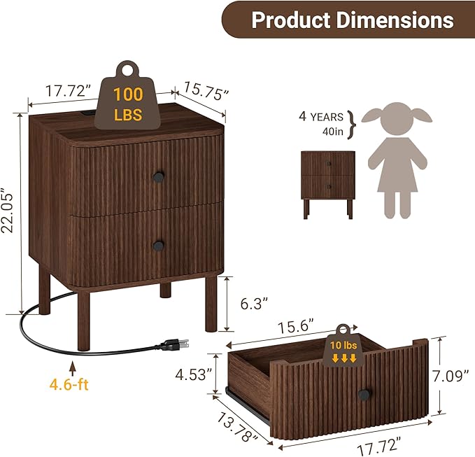Night Stand with Charging Station, 18" Fluted Nighstand with Rounded Corners & Solid Wood Legs, 2 Drawers End Table with Storage, Mid Century Modern Bedside Table for Bedroom, Walnut